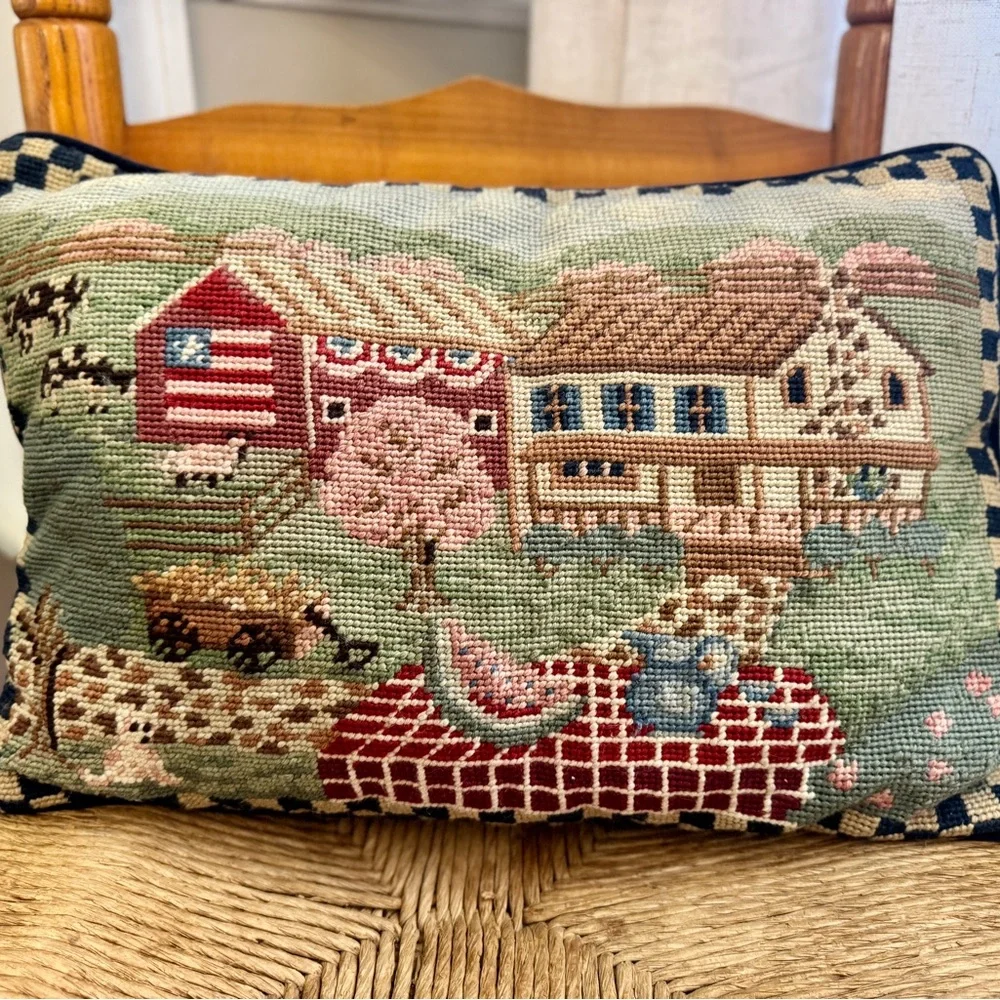 Vintage Needlepoint Cottagecore Pillow - Picture 2 of 3